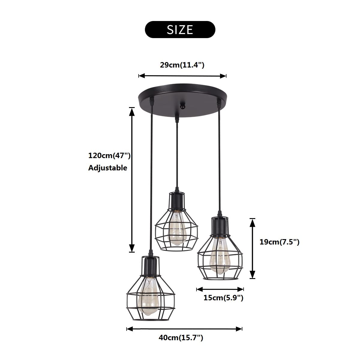 Ganeed Industrial Pendant Light, 3-Light Vintage Chandeliers Hanging Pendant Lighting Fixtures, Adjustable Height Pendant Ceiling Lamp with Metal Cage for Kitchen Living Dining Room Bedroom Hallway