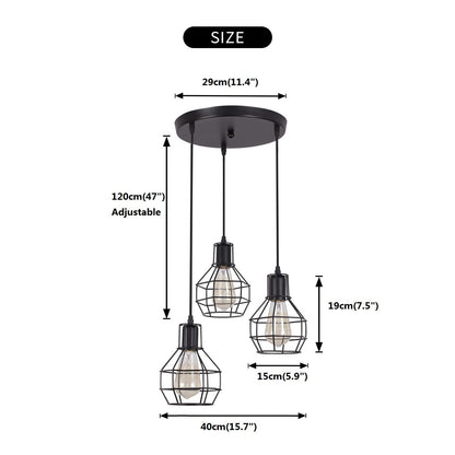 Ganeed Industrial Pendant Light, 3-Light Vintage Chandeliers Hanging Pendant Lighting Fixtures, Adjustable Height Pendant Ceiling Lamp with Metal Cage for Kitchen Living Dining Room Bedroom Hallway