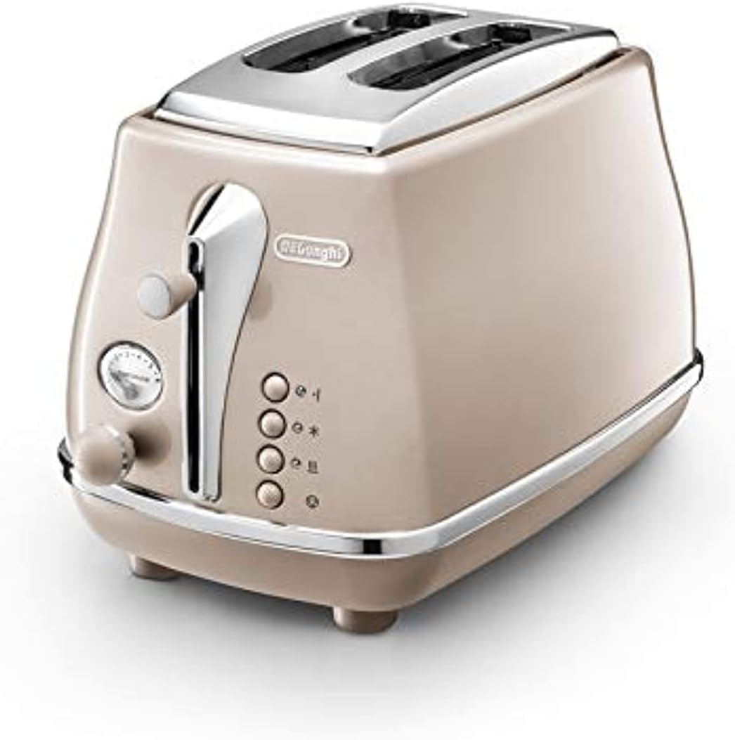 De'Longhi Icona Capitals Red Vintage Style 4 Slice Toaster, 6 Browning Levels, 4 Extra Wide Bread Slots, Defrost and Reheat Functions, Removable Crumb Tray, CTOC4003.R.