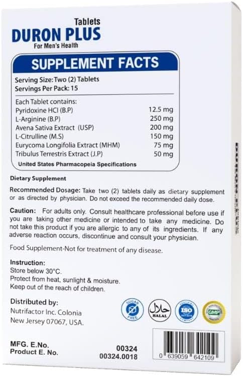 Nutrifactor's Duron Plus - Dietary Supplement for Stamina & Performance - Avena Sativa Extract & Tribulus Terrestris for Reproductive Health, L-Arginine & L-Citrulline for Strength and Performance