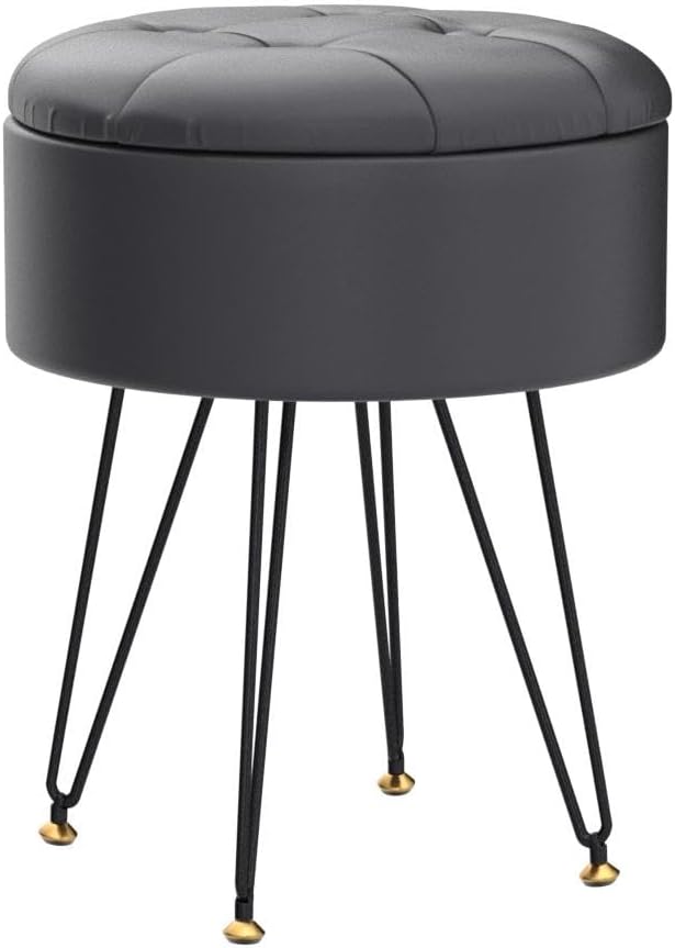 Cpintltr Faux Leather Storage Ottoman Round Footrest Stool Multifunctional Upholstered Ottoman with Metal Legs Modern Vanity Stools Tray Top Coffee Table Suitable for Living Room Bedroom Black