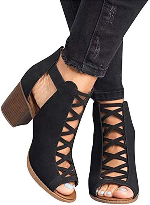 Ankle Boots For Women Low Heel,Summer Caged Block Heel Strappy Dress Dressy Sandals Shoes For Women