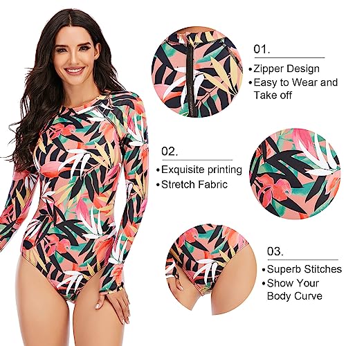 Maeau Women's Long Sleeve Rash Guard UV Protection Zipper Printed Surfing One Piece Swimsuit Bathing Suit