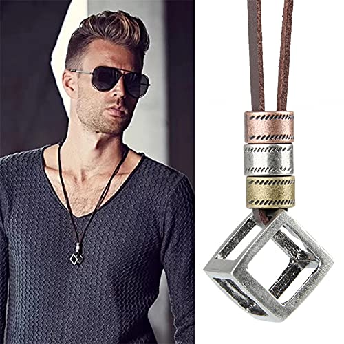 JczR.Y Leather Necklace for Men Double Circle Rings Leather Rope Pendant Necklace Punk Leather Chain Disc Ring Necklace Vintage Jewelry Gift