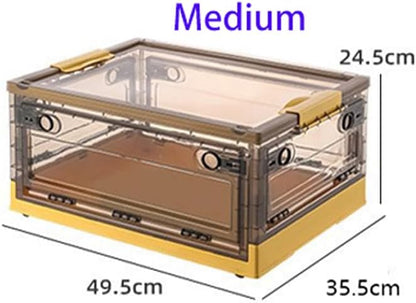 Mounay Foldable Storage Box with Lids,85L Stackable Storage Boxes with Wheels, Storage Container Crate, side Open Transparent Door for Home, Office, Bedroom (Extra large, Mango Yellow)