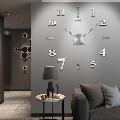 Large DIY Wall Clock, Modern 3D Wall Clock, With Mirror Sticker, Used For Home Office Decoration Gifts (Silver)