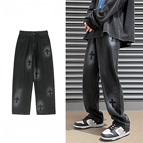 Men Jeans Baggy Straight Relaxed Cargo Work Pants With Pockets, Men's Loose Hip-hop Printed Baggy Denim Jeans