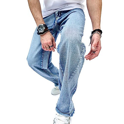 WEIBUMAOYI Men's Loose Fit Pants Relaxed-Fit Men Jeans Washed Oversize Straight Leg Carpenter Jean