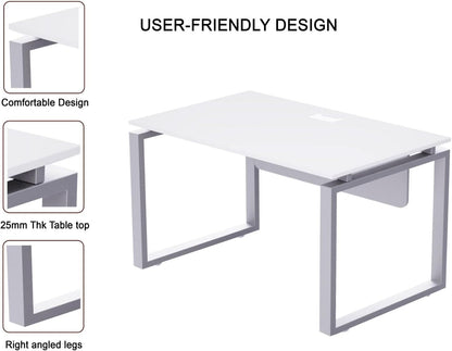 Mahmayi Carre Modern Workstation- Office Furniture with Steel Square Metal Legs, Silver Modesty Panel, Wood 3 Drawer Mobile Storage Unit, Tempered Glass Top for Office Executives, Home (140CM, White)