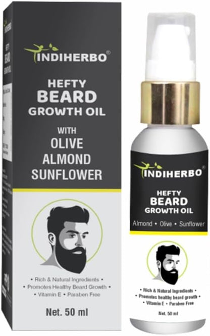 INDIHERBO Hefty Beard Growth Oil 50 ml With Olive Almond Sunflower, Best Beard Oil For Men