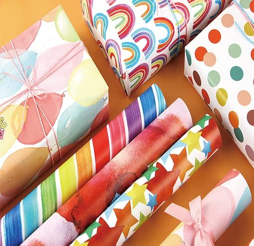 Wrapping Paper Rolls,5 Rolls 43cm x 3M Gift Wrapping Paper, Birthday Wrapping Paper Roll,Striped Dot Gold Wrapping Paper, Suitable for Birthday,Eid,Party,Wedding,Baby Shower,Festive Decorations.