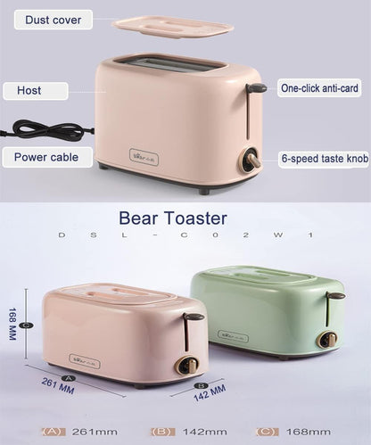 Bar Bear 2 Slice Small Toaster Warmer with Dust Cover - 650W Electric Stainless Steel Sandwich Breakfast Machine Toast Bread Maker Toasters For Home Office