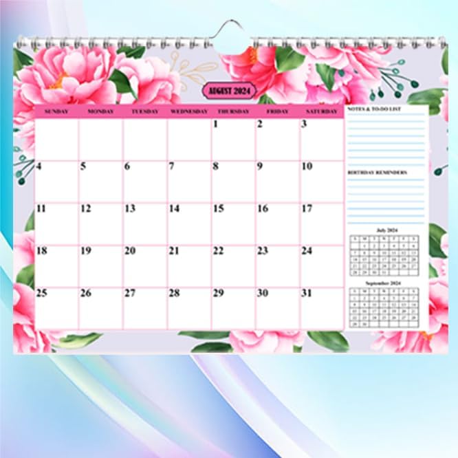 Wall Calendar Planner Jan 2024- Feb 2024 Calendar 14 sheets of Monthly Wall Calendar with 8 floral Prints, Size A3, Landscape Wire Binding + Hanging Hook + Large Blocks + Notes+ Birthday Reminders