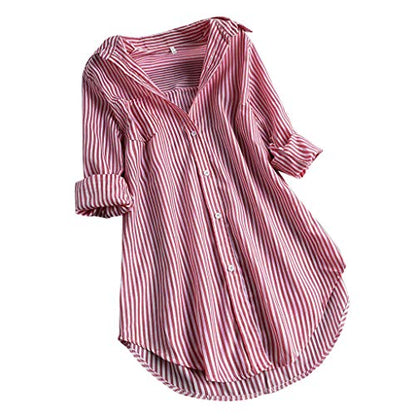 Women V-neck Long Sleeve Button Tops Ladies Summer Fashion Turn-down Collar Striped Printed Solid T-shirt Blouse Tops, Red - L