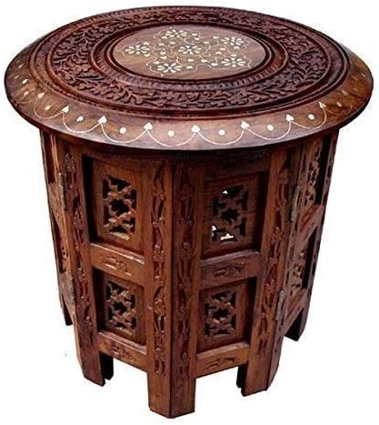 Quesera® Antique Coffee Table Round Boho End Furniture Carved Room Wooden Side Indian Decor (24 x 24 inch)