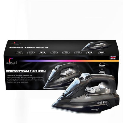 Roomwell UK Lightweight & Compact Xpress Steam Plus Iron with Durable Soleplate, Triple cleaning function (2400W_Black)