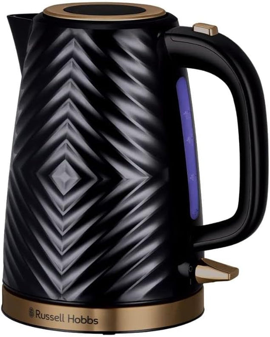 Russell Hobbs Groove Electric 1.7L Cordless Kettle (Fast Boil 3KW, Black textured plastic with brushed gold accents, Removable washable anti-scale filter, Push to open lid, Perfect pour spout) 26380