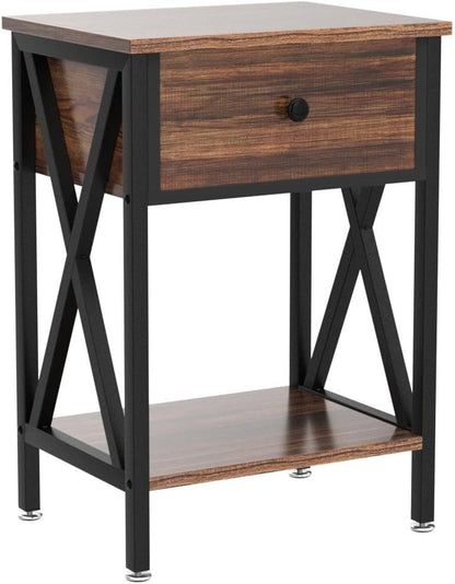 VECELO Modern Versatile Nightstands X-Design Side End Table Night Stands for Bedroom Nightstand Bedside End Tables with Drawer Storage, Rustic Brown Bedroom