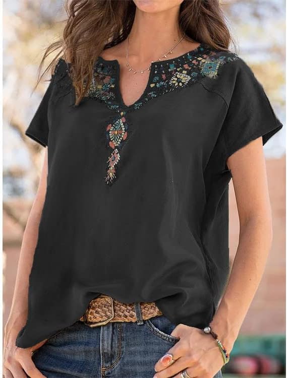 Womens Embroidered Top Blouses Casual Peasant Shirts Short Sleeve Floral Printed Bohemian Tshirts