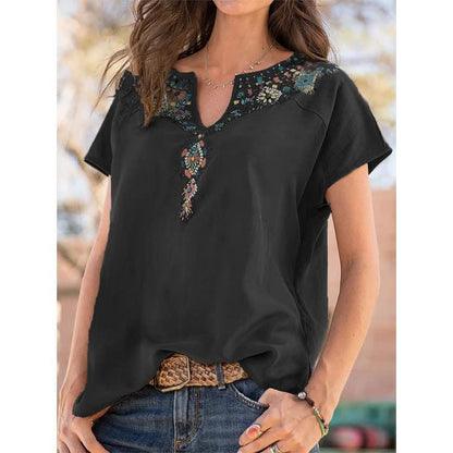 Womens Embroidered Top Blouses Casual Peasant Shirts Short Sleeve Floral Printed Bohemian Tshirts