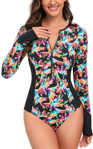 Maeau Women's Long Sleeve Rash Guard UV Protection Zipper Printed Surfing One Piece Swimsuit Bathing Suit