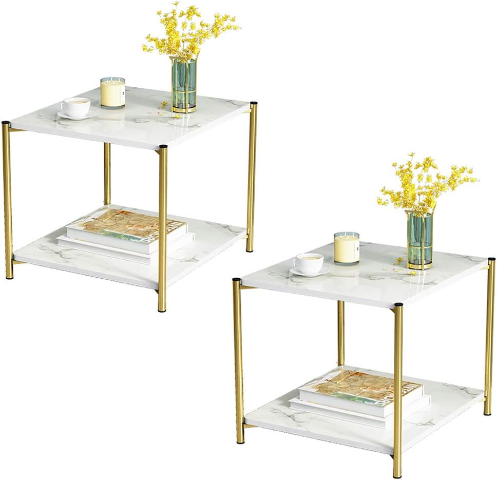 Coffee Tables for Living Room, Double-Layered Square End Side Tables Sofa Table, Modern Marble Nesting Table with Metal Frame Legs Set of 2 (White+square+Golden frame)