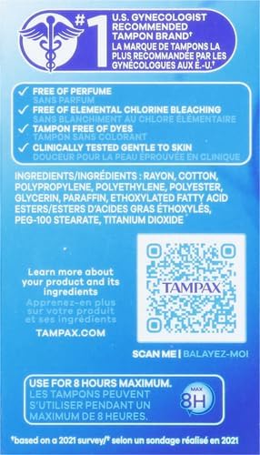 Tampax Pearl Regular Absorbency Unscented Tampons, Leakguard protection 96 Count, Pack of 1