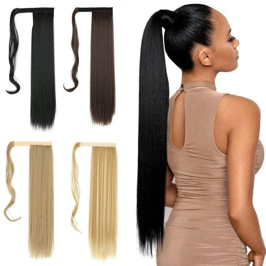 Long Straight Ponytail Extension Wrap Around Off Black Synthetic Hair Extensions One Piece Hairpiece Pony Tail Extension for Women (STRAIGHT, 1B)