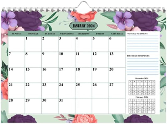 Wall Calendar Planner Jan 2024- Feb 2024 Calendar 14 sheets of Monthly Wall Calendar with 8 floral Prints, Size A3, Landscape Wire Binding + Hanging Hook + Large Blocks + Notes+ Birthday Reminders