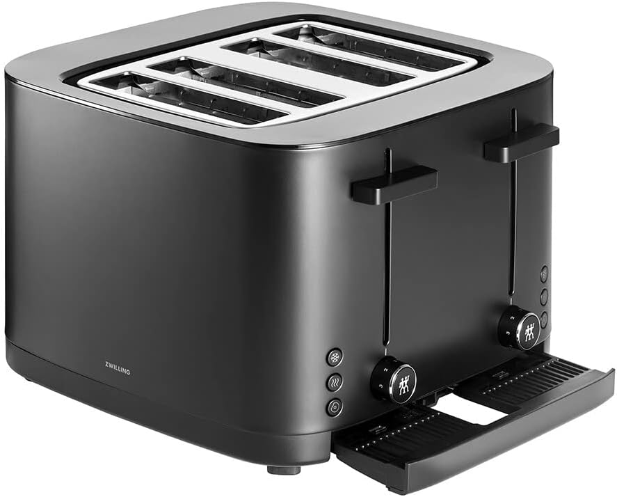 Zwilling Enfinigy Toaster 4 Slice Silver. 1000 watts. 8 separate heating elements. Soft lift & extra lift features. 7 browning levels. 3 automatic programmes: thaw, warm & bagel. Automatic shut-off.