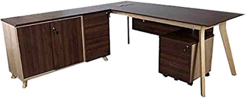 Mahmayi Zelda M225-16 Modern Executive Desk with Check Writing Ledge, Underneath Storage Cubby, Locking Drawer, and Storage Cabinet - Office Furniture for Productivity - Walnut/White (160cm)