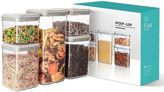 Airtight Food Storage Container Set Of 5, Stackable Kitchen & Pantry Organization, Fridge Canisters With Leakproof Pop Up Silicon Seal Lids, BPA & Odor Free- Dishwasher, Microwave & Freezer Safe