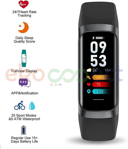 Ekoconect Smart Bracelet C60 Men Women IP68 Sport Bracelet Calorie Counter Fitness 1.1 inch AMOLED Touch Screen Heart Rate Blood Pressure Monitor Watch For IOS Android (Black)