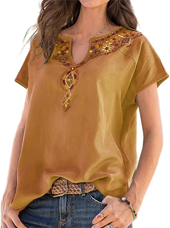 Womens Embroidered Top Blouses Casual Peasant Shirts Short Sleeve Floral Printed Bohemian Tshirts