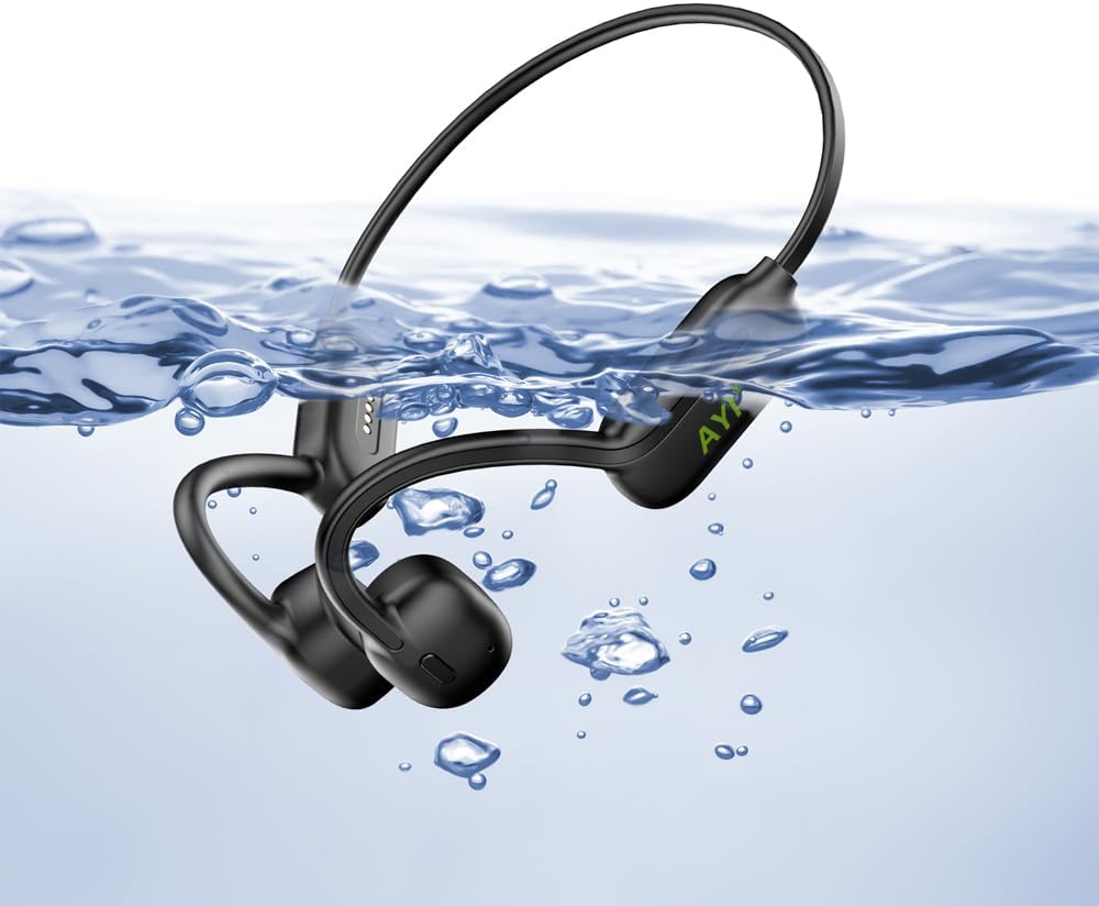 AYI Swim Headphones True Bone Conduction Open Ear Headset MP3 Player Built-in 32G Memory IP68 Underwater Waterproof Bluetooth Earphone for Driving Bicycling Running Skiing-Black