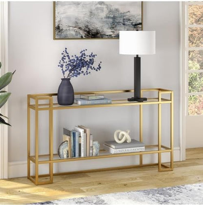 HOMETASTE Glass Console Table Metal Console Table with Dual Clear Glass Shelve Entryway Table Narrow Modern Console Table TV Stand Dressing Table Stand Modern Hallway Table (Golden)