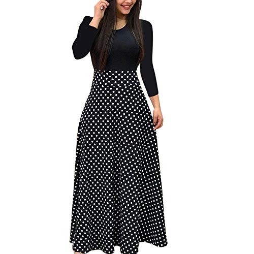 Fankle Women's Dress Bohemian Polka Dots Floral Print Maxi Dress O-Neck Long Sleeve A-Line High Waist Long Beach Dresses Casual Sundress