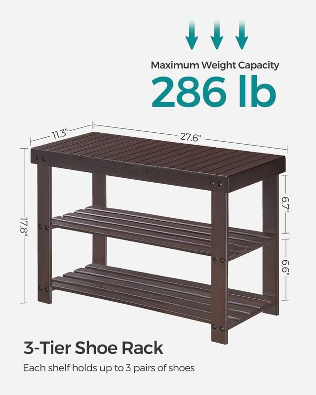 SONGMICS Shoe Rack Bench, 3-Tier Bamboo Shoe Storage Organizer, Entryway Bench, Holds Up to 286 lb, for Entryway Bathroom Bedroom, Natural ULBS04N