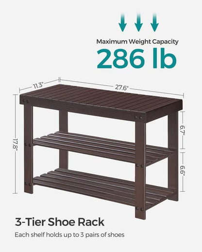 SONGMICS Shoe Rack Bench, 3-Tier Bamboo Shoe Storage Organizer, Entryway Bench, Holds Up to 286 lb, for Entryway Bathroom Bedroom, Natural ULBS04N