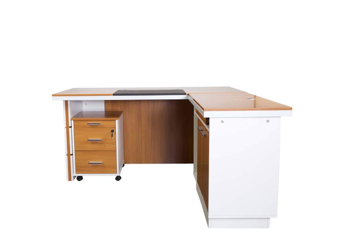 Mahmayi Zelda M225-16 Modern Executive Desk with Check Writing Ledge, Underneath Storage Cubby, Locking Drawer, and Storage Cabinet - Office Furniture for Productivity - Walnut/White (160cm)