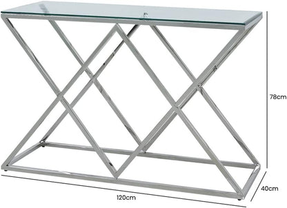 VANITY LIVING 120cm Console Table for Living Room Furniture, Slim Hallway Table with Silver Stainless Steel Base and Smoked Glass Top, Narrow Entryway Table