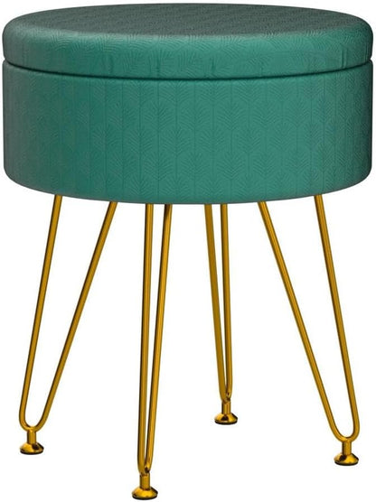 Cpintltr Footrest Footstools Round Velvet Ottoman with Storage Space Soft Vanity Chair with Memory Foam Seat Small Side Table Hallway Step Stool 4 Gold Metal Legs with Adjustable Footings Champagne