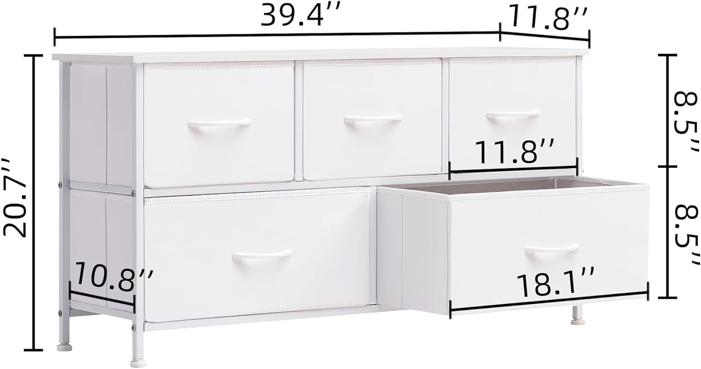 SKY-TOUCH Storage Cabinet : Bedroom Dresser with 5 Drawers Wide Storage Chest with Removable Fabric Bins Storage Organizer Unit for Living Room Entryway Hallway Nursery Kids Room (100*30*52CM White)