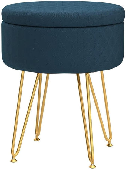 Cpintltr Footrest Footstools Round Velvet Ottoman with Storage Space Soft Vanity Chair with Memory Foam Seat Small Side Table Hallway Step Stool 4 Gold Metal Legs with Adjustable Footings Champagne