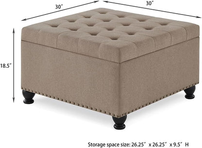 SPOFLYINN 30" L Square Storage Ottoman Bench, Upholstered Tufted Button Storage Bench with Nails Trim, Storage Toy Box Footrest Bench for Living Room, Bedroom Linen One Size