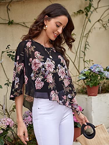 GORGLITTER Women's Sheer Floral Print Flowy Half Sleeve Asymmetrical Hem Boho Blouse Top