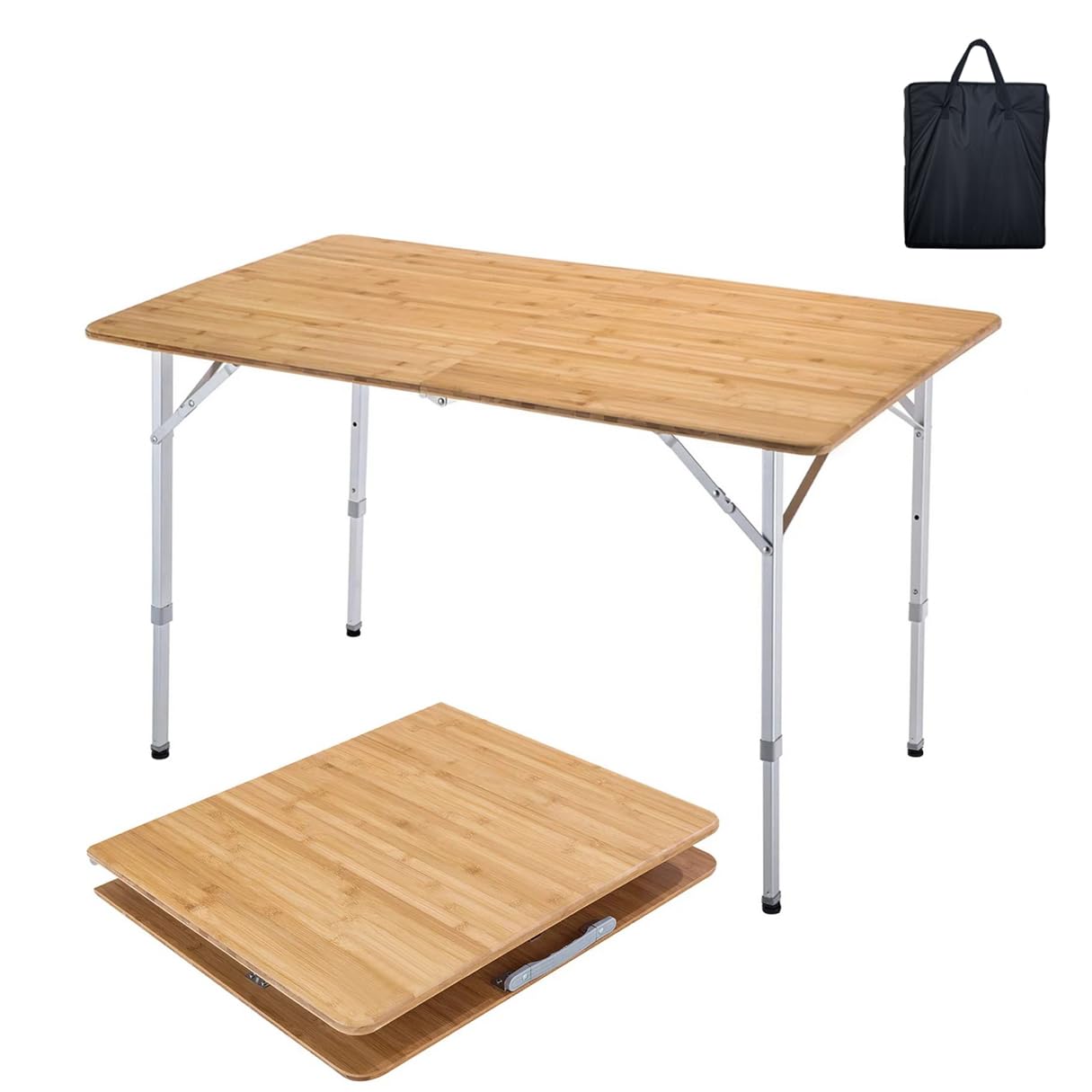 Wood Bamboo Folding Table with Adjustable Height Legs – Heavy Duty Portable for Picnic, Camping, Beach, Outdoor Events - Foldable Table for BBQ party with Handle & Carry Bag – 120 x70 cm, H: 48-57-70