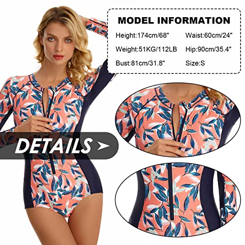 Maeau Women's Long Sleeve Rash Guard UV Protection Zipper Printed Surfing One Piece Swimsuit Bathing Suit