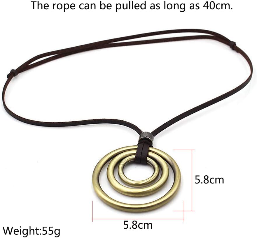 JczR.Y Leather Necklace for Men Double Circle Rings Leather Rope Pendant Necklace Punk Leather Chain Disc Ring Necklace Vintage Jewelry Gift