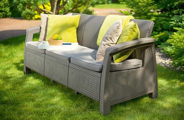 Plastdour Three Seater Sofa Patio Sofa Outdoor Seating Set Rattan Furniture Garden Cushion Sofa Outdoor Sofa Balcony Furniture Outdoor Sofa Set Garden Sofa with Cushion (Three Seater Sofa, Grey)